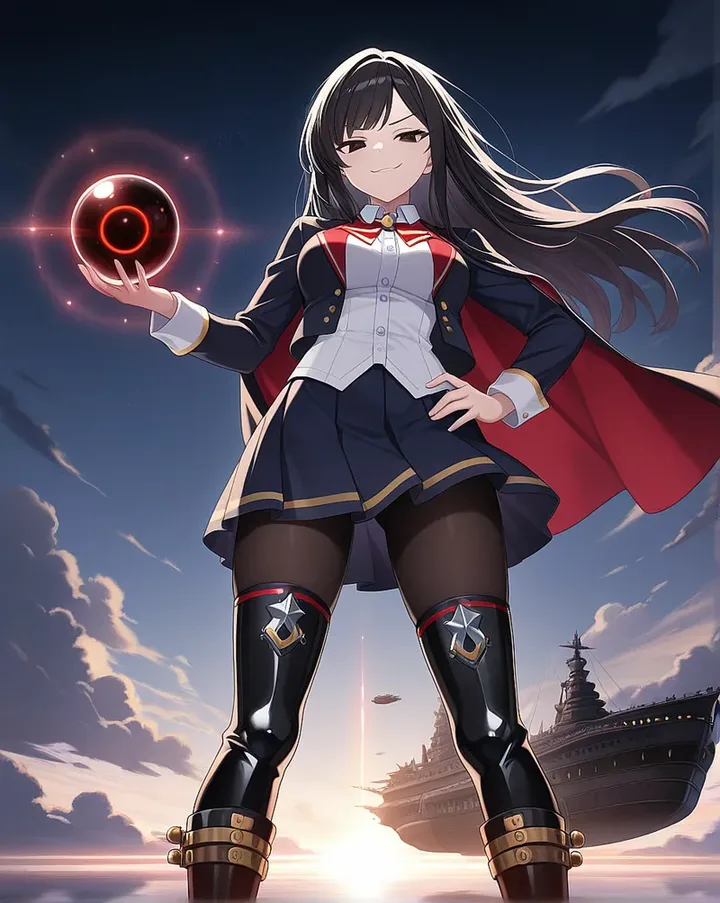 Virtuelle Anime-Freundin mit langen schwarzen Haaren, rotem Umhang und einer leuchtenden Energiekugel in der Hand