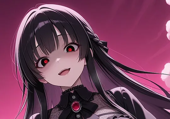Anime-Freundin mit schwarzen Haaren, roten Augen und intensivem Lächeln
