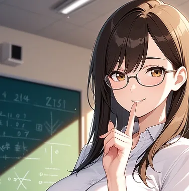 Anime-Freundin mit Brille und braunen Haaren, die den Finger an die Lippen legt