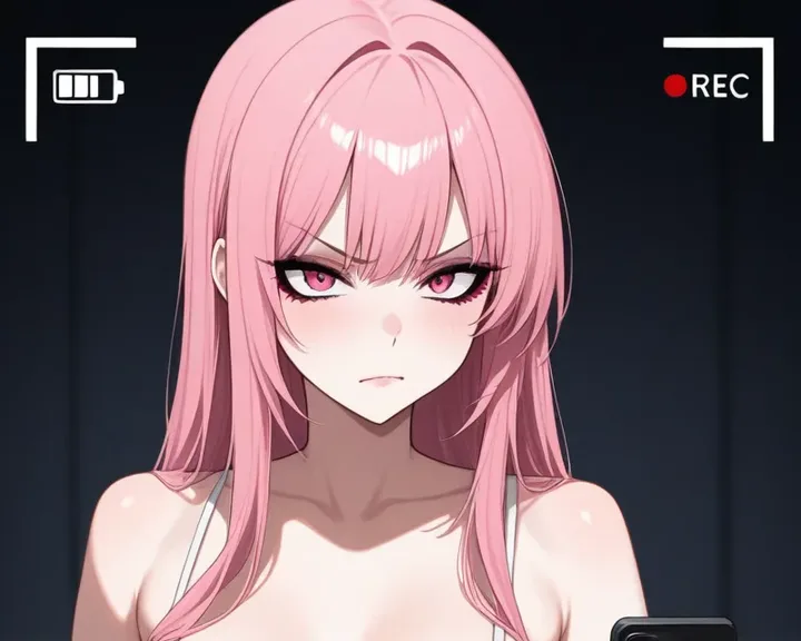 Anime-Freundin mit langen rosa Haaren, die in einem Selfie direkt in die Kamera schaut