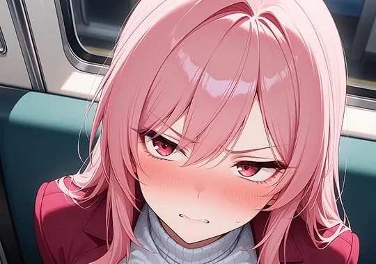 Anime-Freundin mit rosa Haaren und roten Augen im bordeauxroten Pullover mit genervtem Blick
