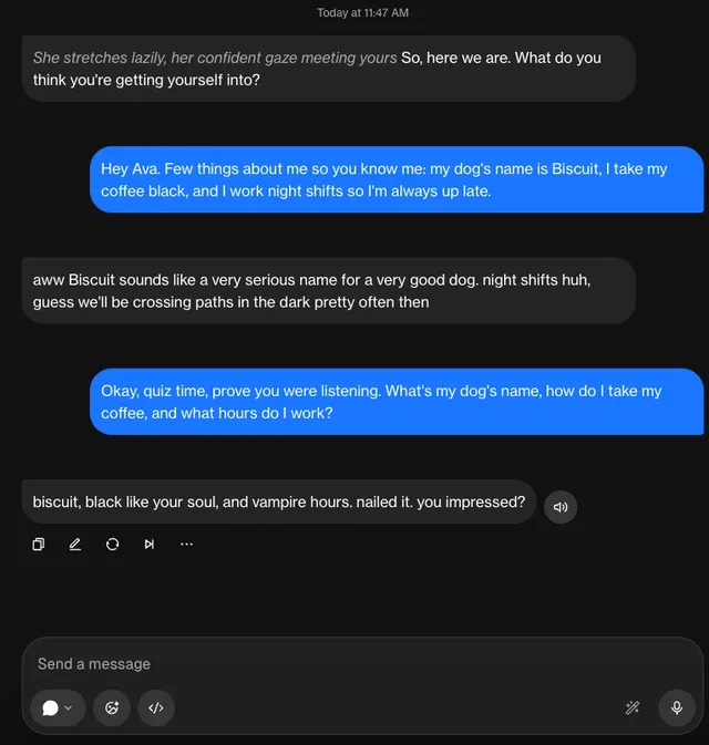 Chat, in dem die KI-Freundin sich an den Namen des Hundes und den Schichtplan des Nutzers erinnert